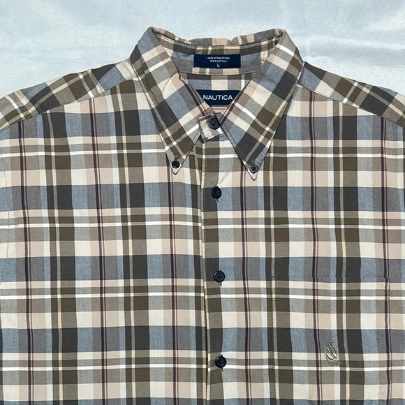 Nautica Beige and Brown Plaid Button Down Shirt - Picture 3 of 10
